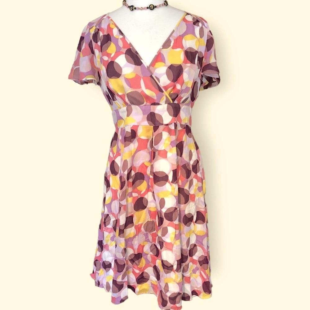 BODEN Pink Purple yellow Sheath Wrap Dress Polka Dot V-Neck Short Sleeve, 8